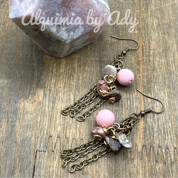 Alquimia Pink and Gold Dangle Earrings rhodonite - Picture 1 of 1